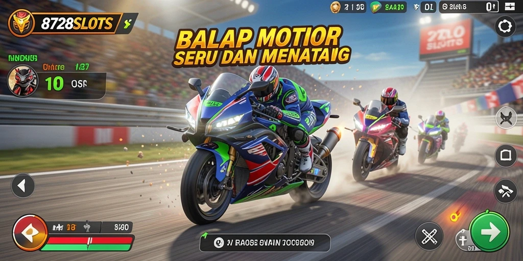 Screenshot gameplay <strong>8728SLOTS</strong> menampilkan aksi balap motor yang mendebarkan.